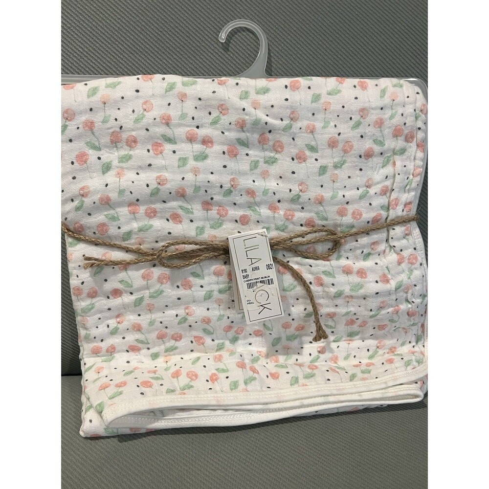 Lila & Jack Muslin Baby Blanket Cherry Print Oversized Cotton Quilt 2 Layer New